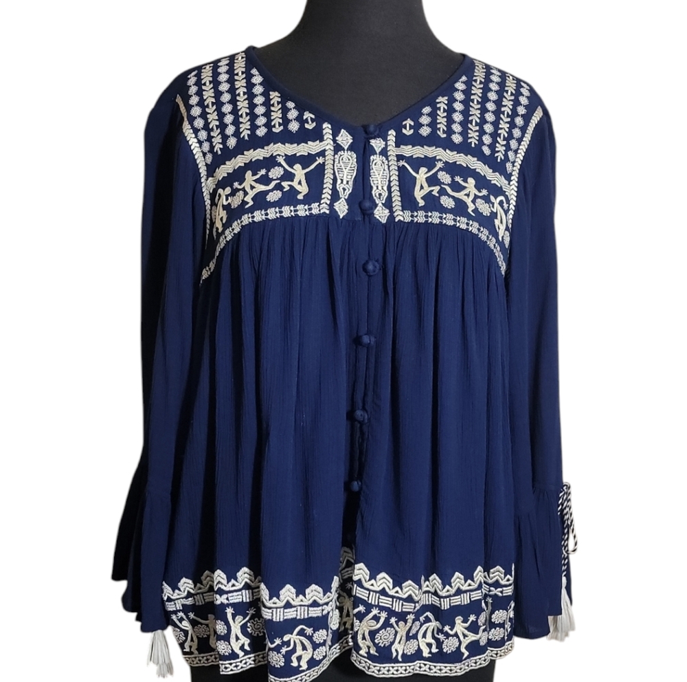 Taurus navy blue embroidered bell sleeve peasant button front top women's medium